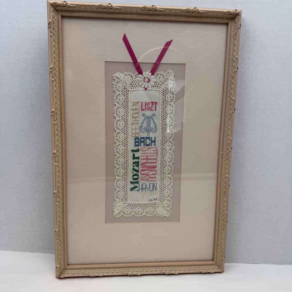 Vintage 1993 Classical Composers Needlepoint Framed Art Mozart Bach Lace Detail
